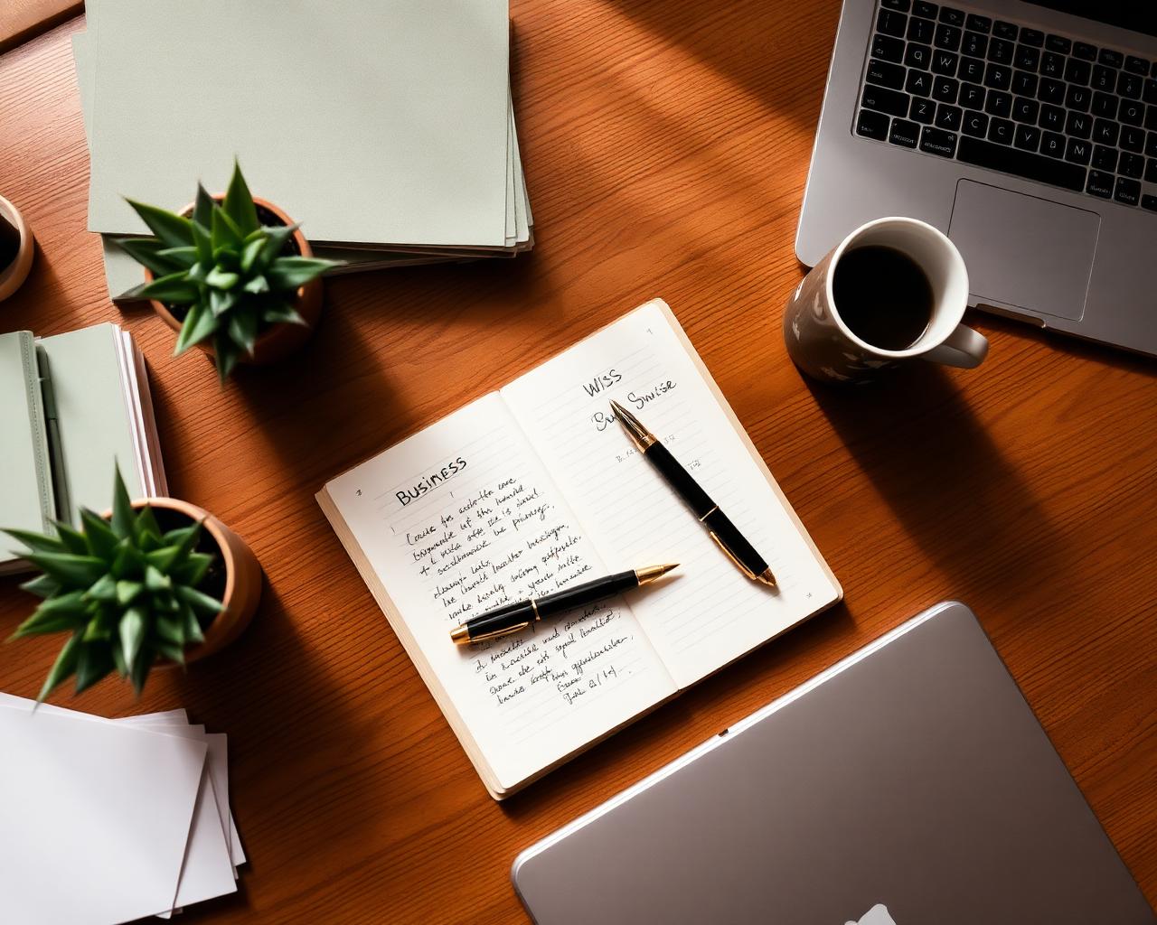 Notizbuch, Füller, Kaffee und Laptop auf einem Holzschreibtisch – Werkzeuge für Gründer:innen